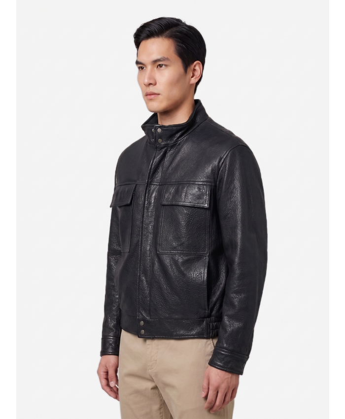 SALVATORE SANTORO - Black hammered leather bomber jacket